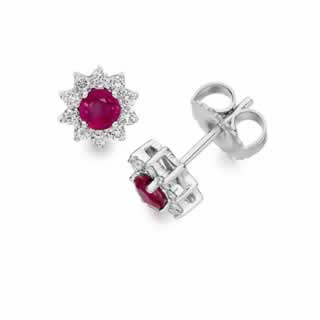 Oval Ruby and Pave Diamond Earrings in 18K White Gold